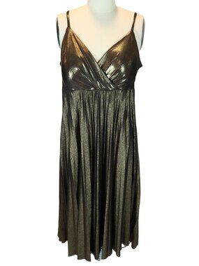 Vintage Y2K Babydoll Pleated Gold Shimmer Midi Dress Size 14 Fairy Grunge Glam